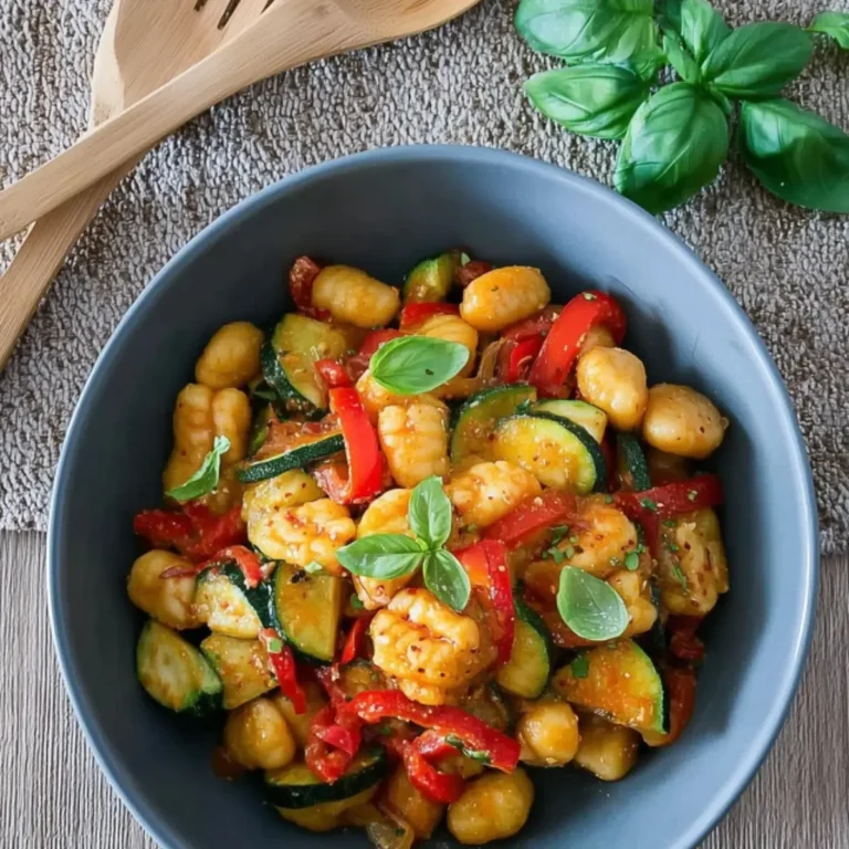 Lauwarmer Gnocchi Salat mit Paprika und Zucchini