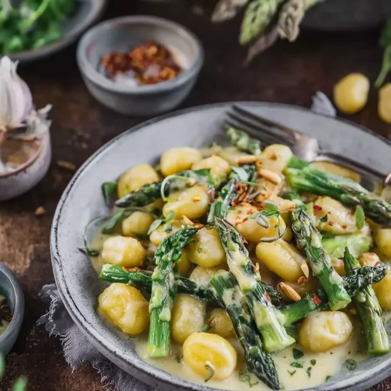 Grüner Spargel in cremiger Rahmsauce mit Gnocchi