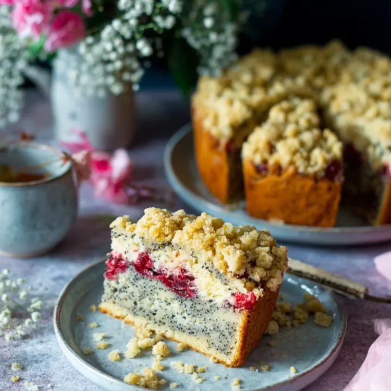 Joghurt Mohn Kuchen mit Kirschen & Streuseln