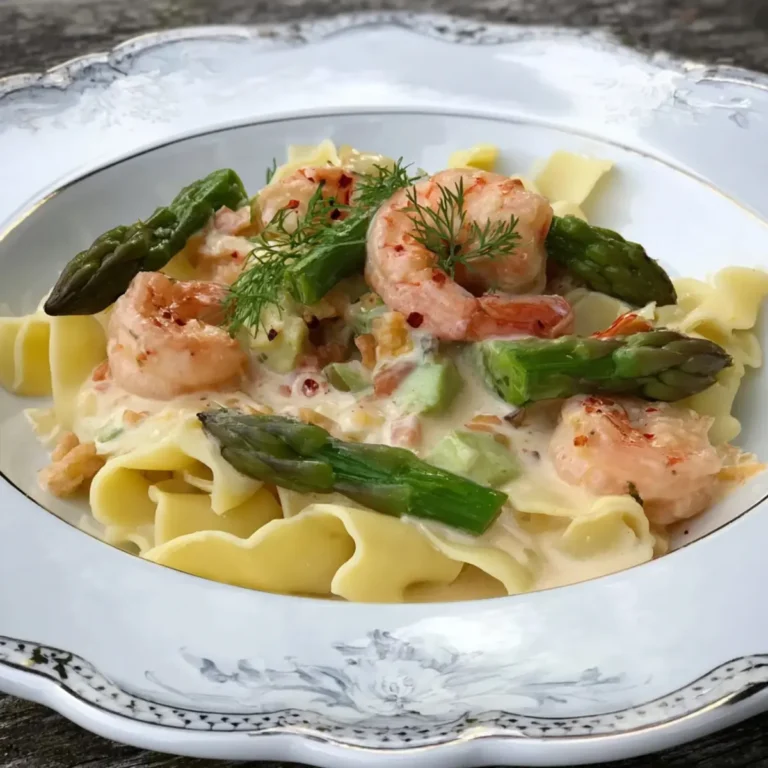 Bandnudeln mit grünem Spargel und Garnelen in Weißweinsoße