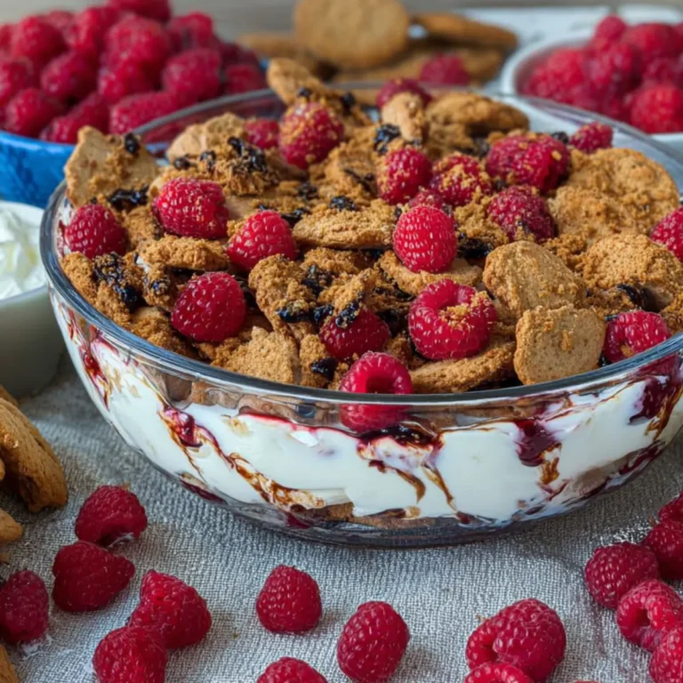 Dessert mit Himbeeren und Keksen