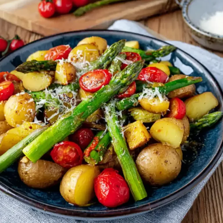 Grüner Spargel mit Kartoffeln und Tomaten