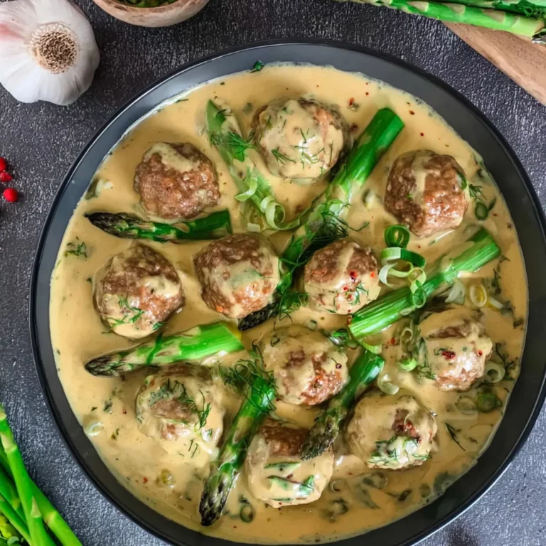 Hackfleischbällchen mit grünem Spargel in Kräuterrahmsauce