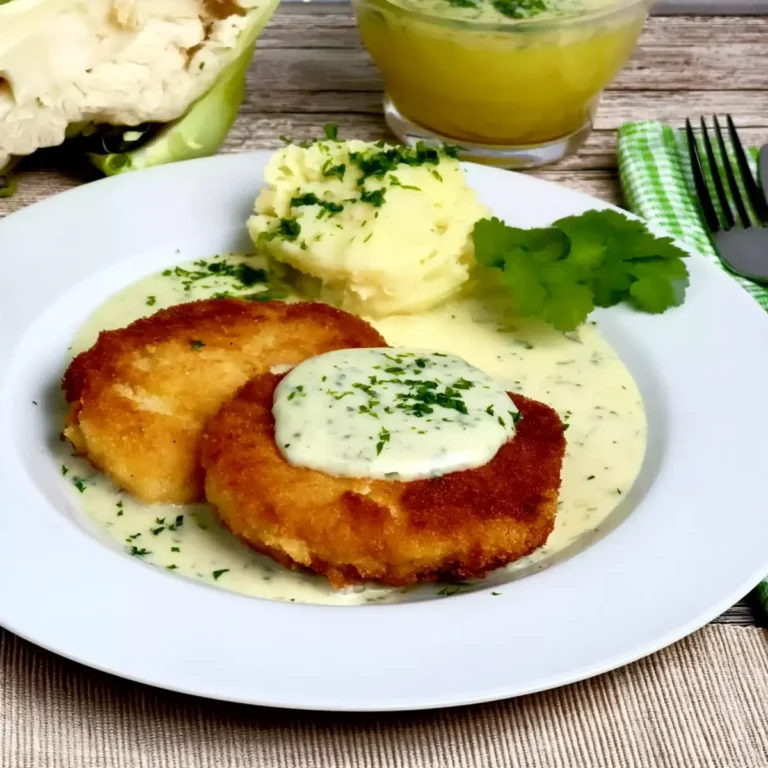Kohlrabi Schnitzel auf einer Kräuter Frischkäse Sauce