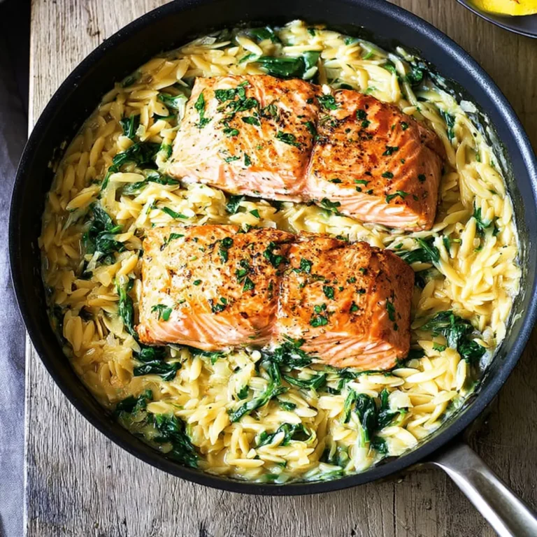 Lachs mit Zitronen Orzo aus einer Pfanne