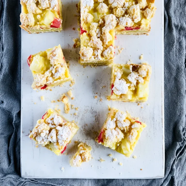 Rhabarberkuchen vom Blech mit Pudding und Streusel