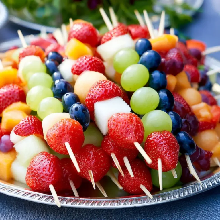 Obstspieße mit Melone, Erdbeeren, Trauben und Blaubeeren