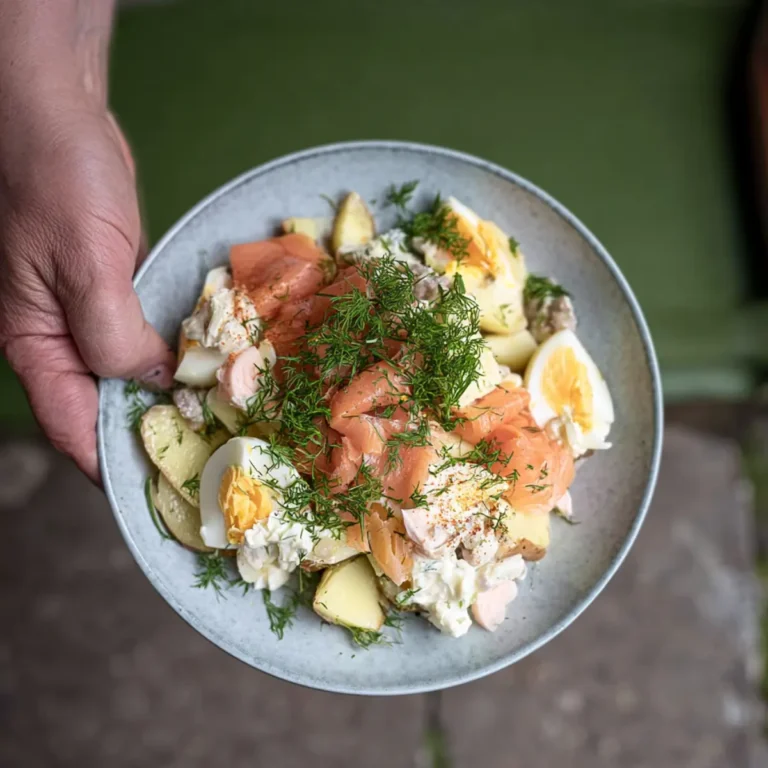 Schwedischer Kartoffelsalat mit saurer Gruke, Dill, Creme Fraiche Dressing, Ei und Räucherlachs