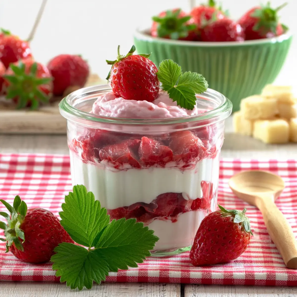 Erdbeerdessert mit Quark im Glas