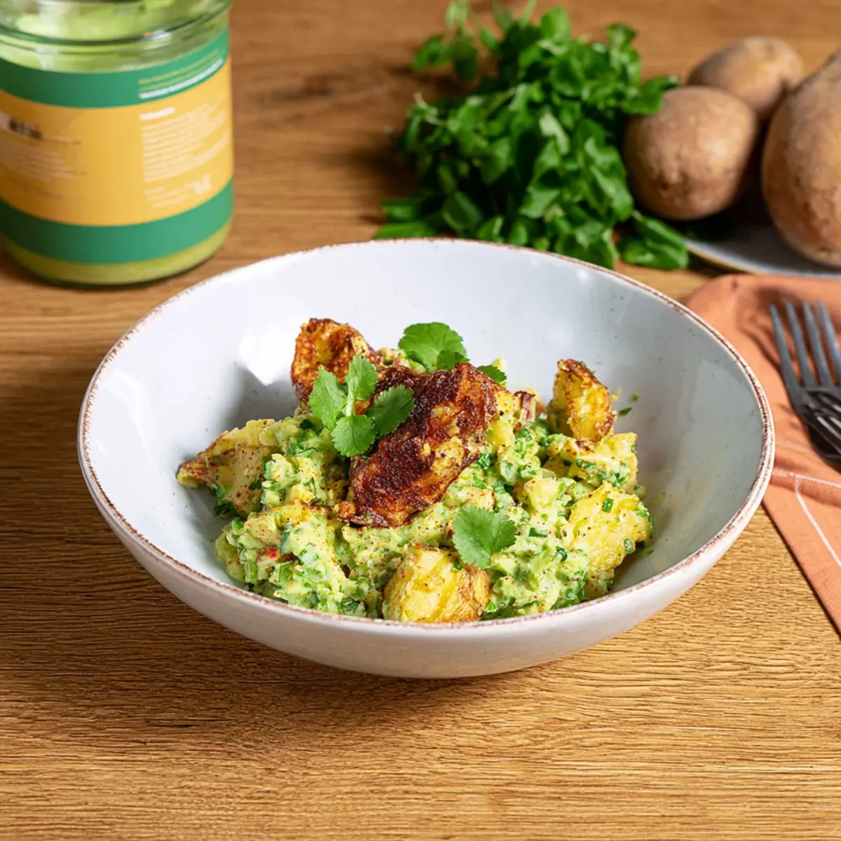 Knuspriger zerdrückter Kartoffelsalat
