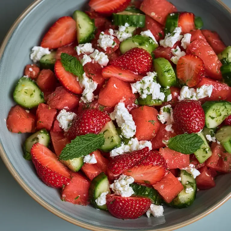 Wassermelonen Gurken Salat mit Erdbeeren und Feta