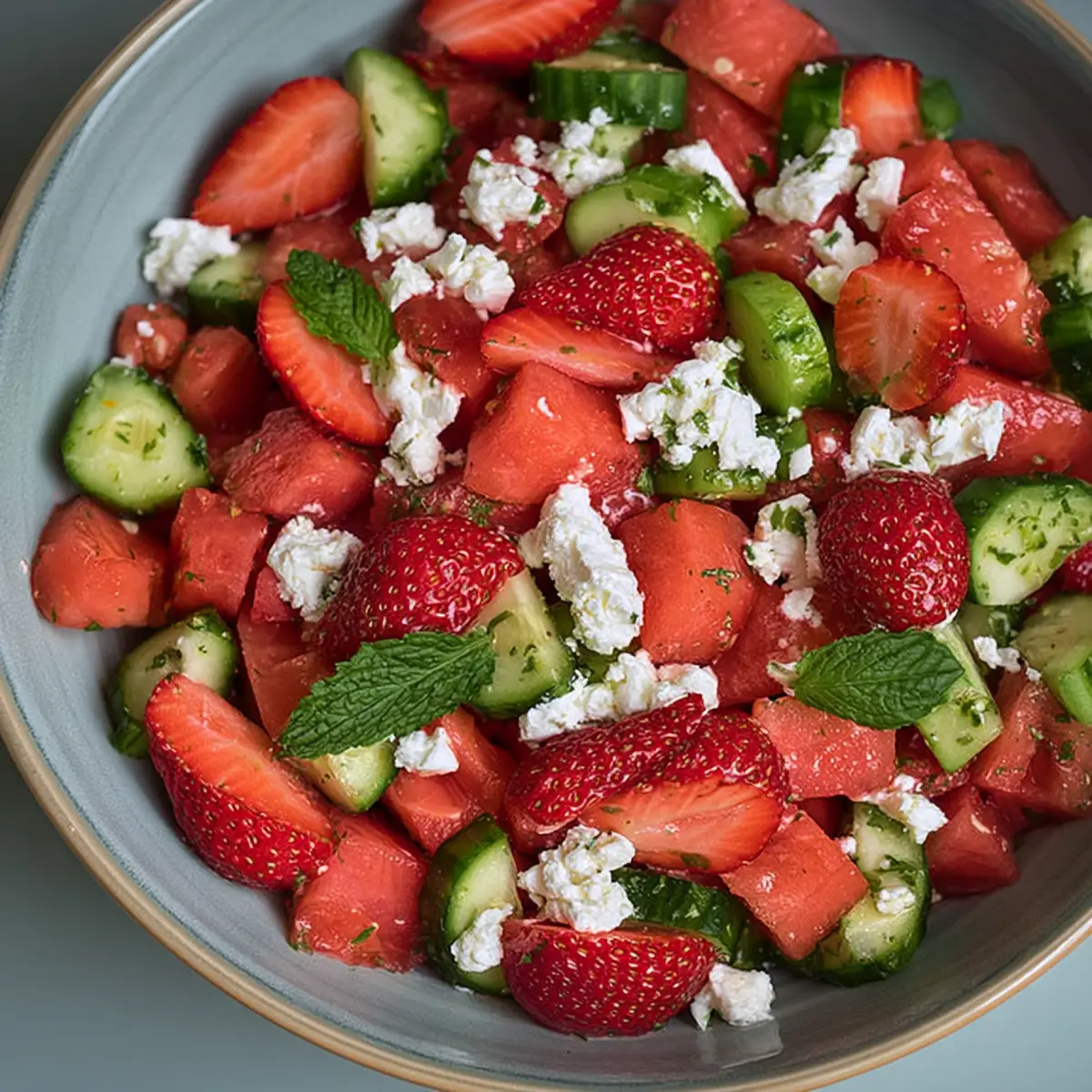 Wassermelonen Gurken Salat mit Erdbeeren und Feta